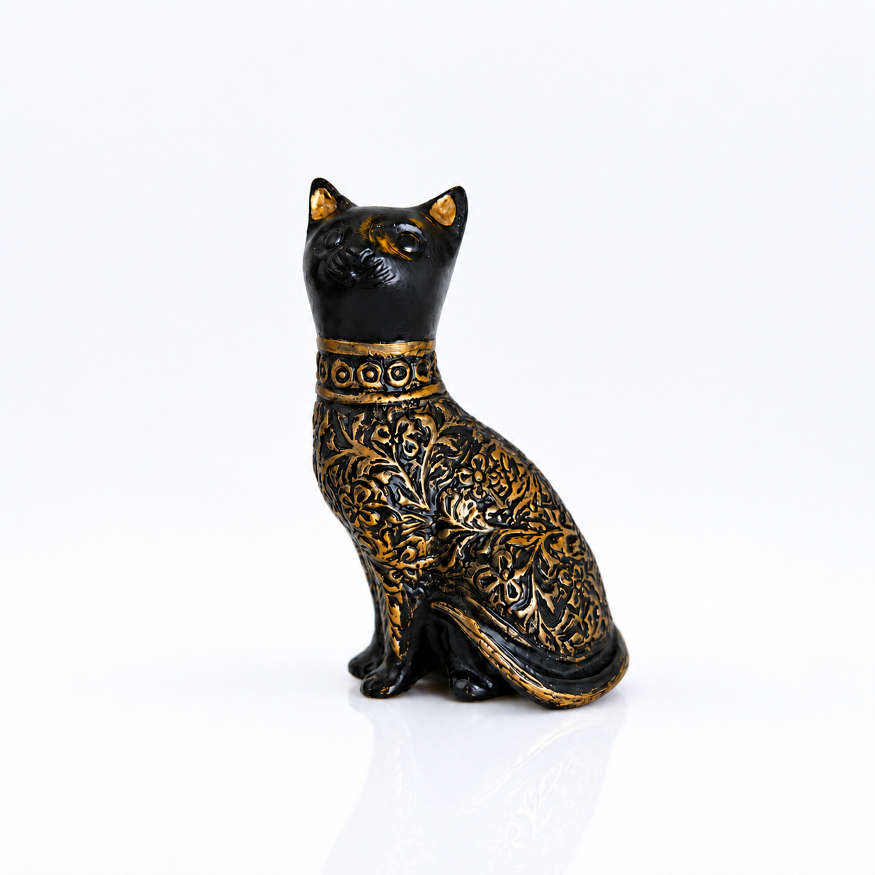 Decorative Cat Sculpture, Traditional Carved Design, Antique Finish