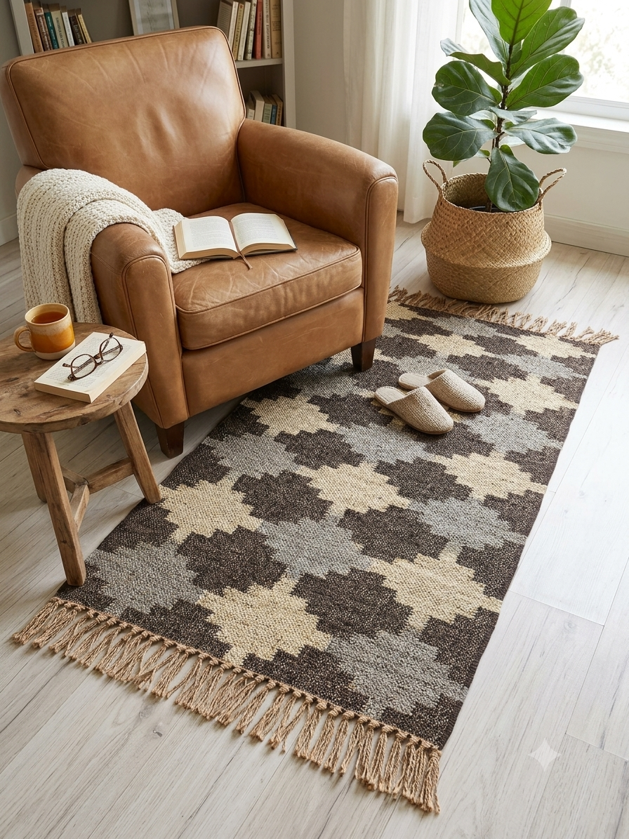 Handwoven Wool Kilim Rug (Duree/Duri), Geometric Pattern (Black & Grey, Small)