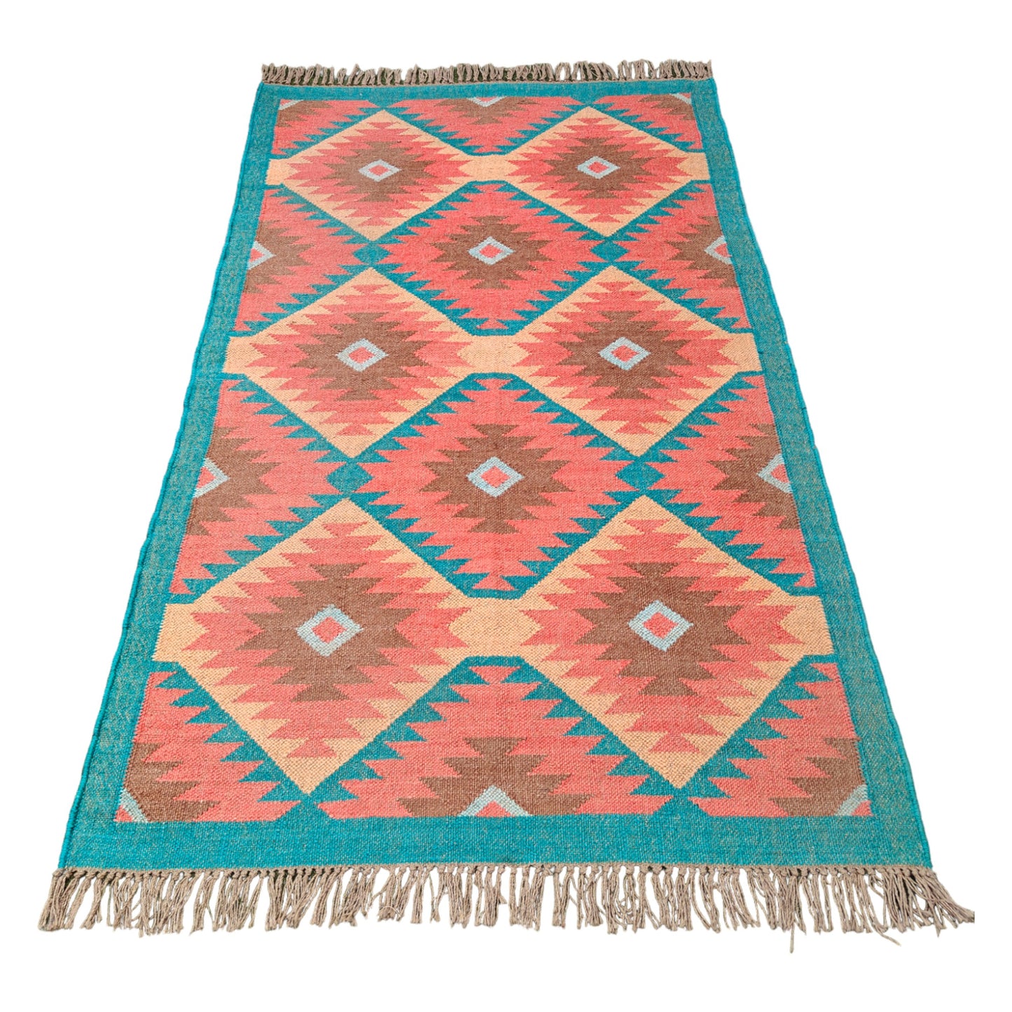 Handwoven Wool Kilim Rug (Duree/Duri), Geometric Pattern (Blue & Orange, Large)