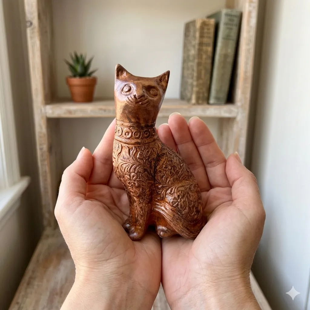 Decorative Cat Sculpture, Traditional Carved Design, Antique Finish