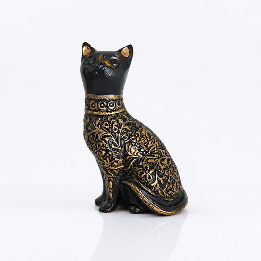 Decorative Cat Sculpture, Traditional Carved Design, Antique Finish