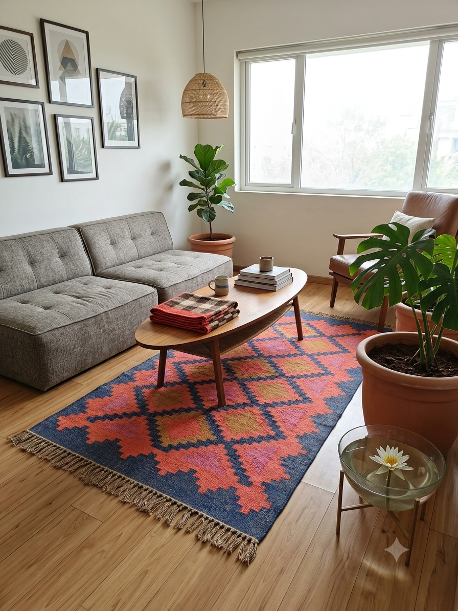 Handwoven Wool Kilim Rug (Duree/Duri), Geometric Pattern (Blue & Orange, Large)