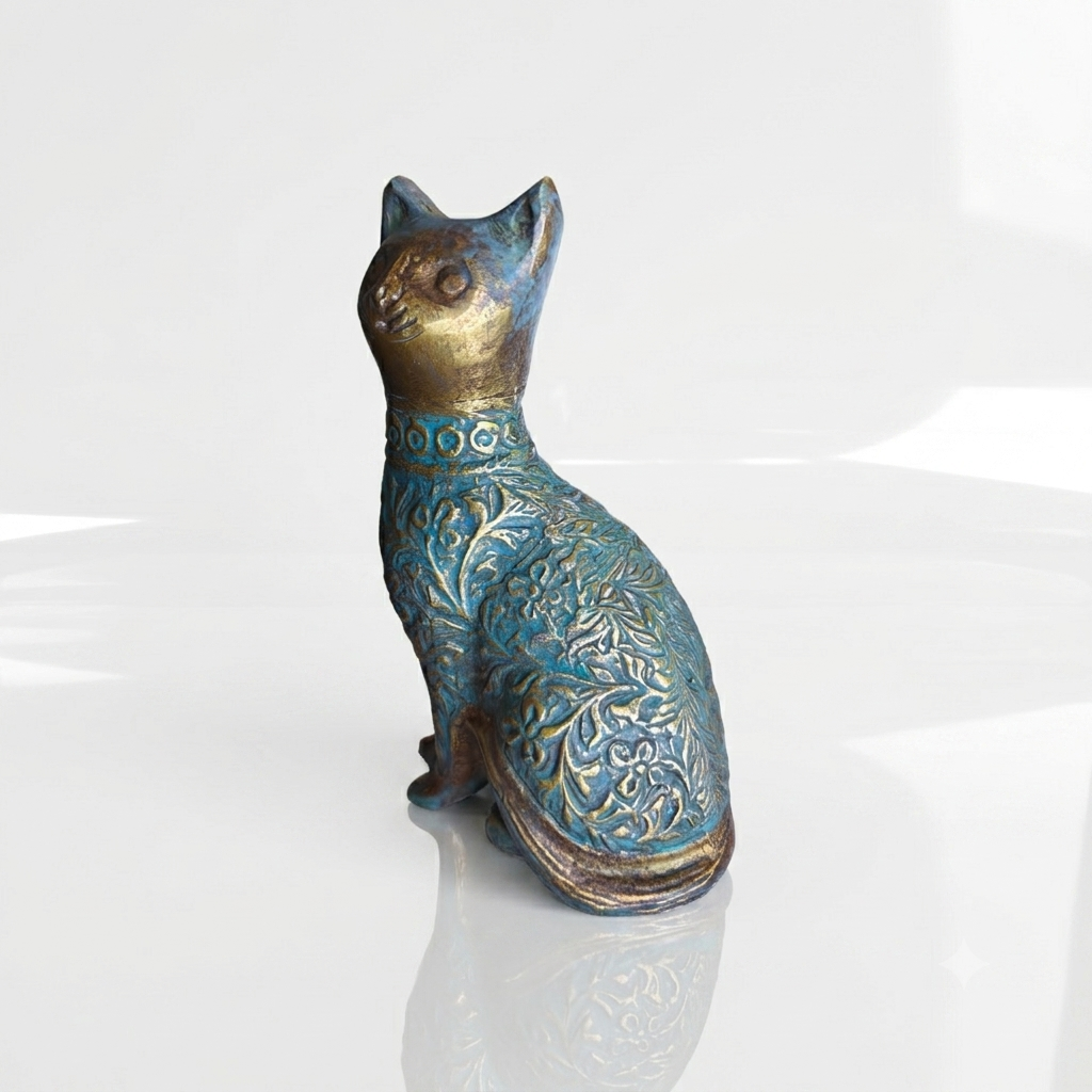 Decorative Cat Sculpture, Traditional Carved Design, Antique Finish