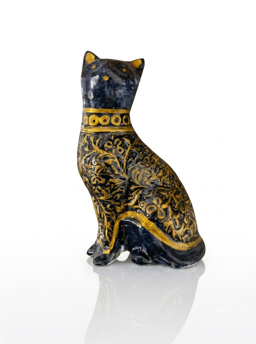 Decorative Cat Sculpture, Traditional Carved Design, Antique Finish