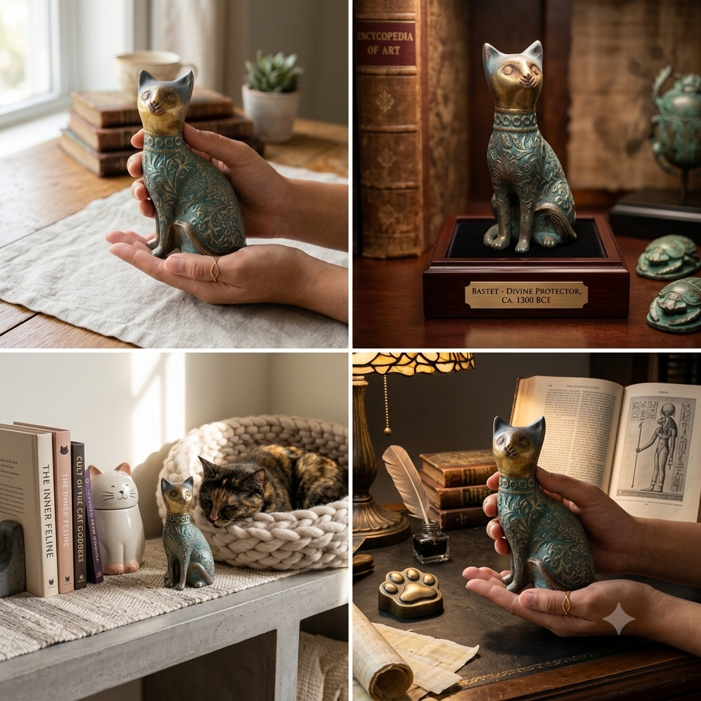 Decorative Cat Sculpture, Traditional Carved Design, Antique Finish