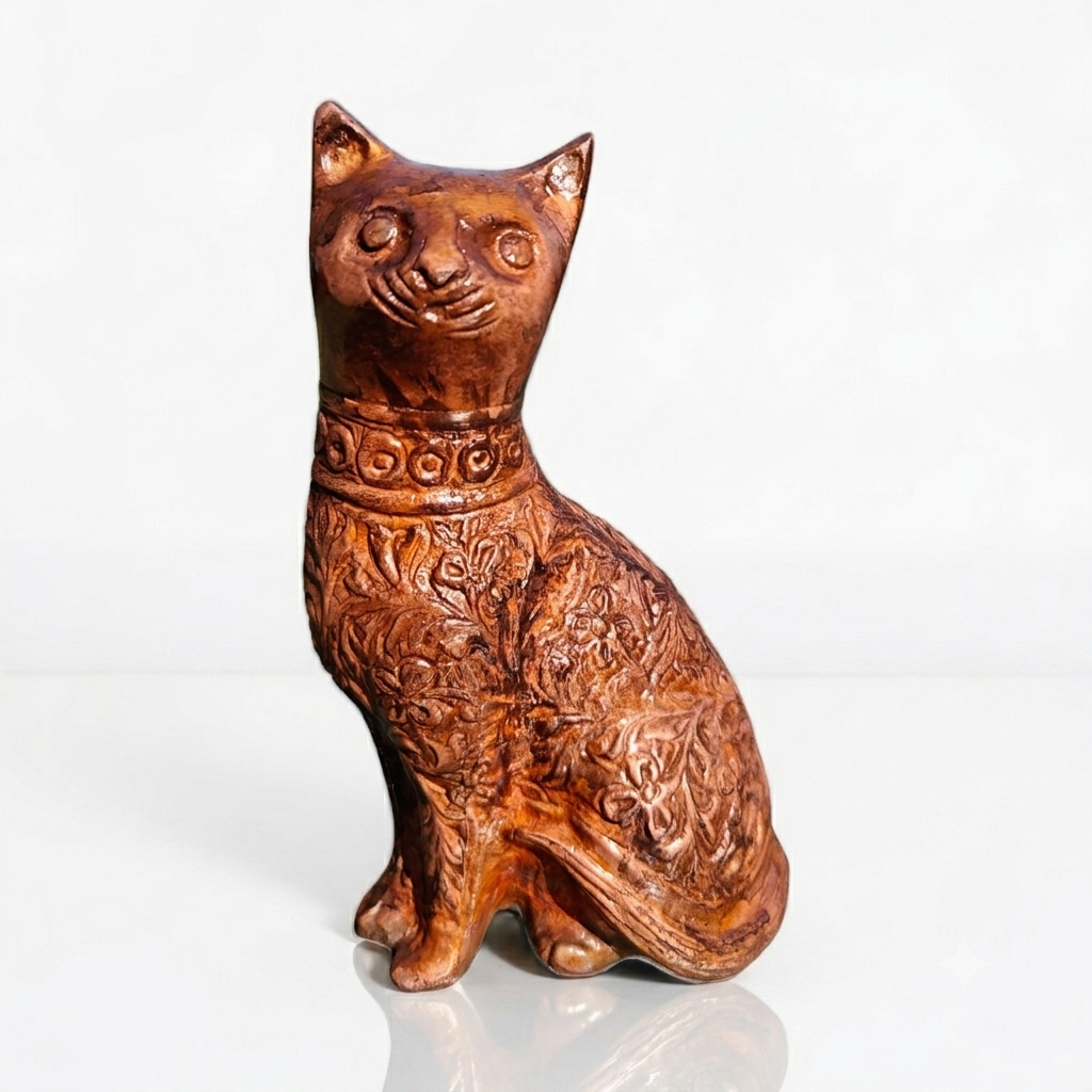 Decorative Cat Sculpture, Traditional Carved Design, Antique Finish