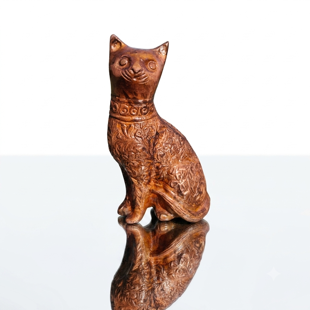 Decorative Cat Sculpture, Traditional Carved Design, Antique Finish