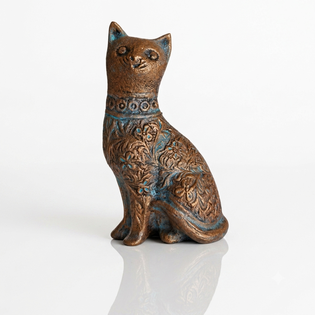 Decorative Cat Sculpture, Traditional Carved Design, Antique Finish