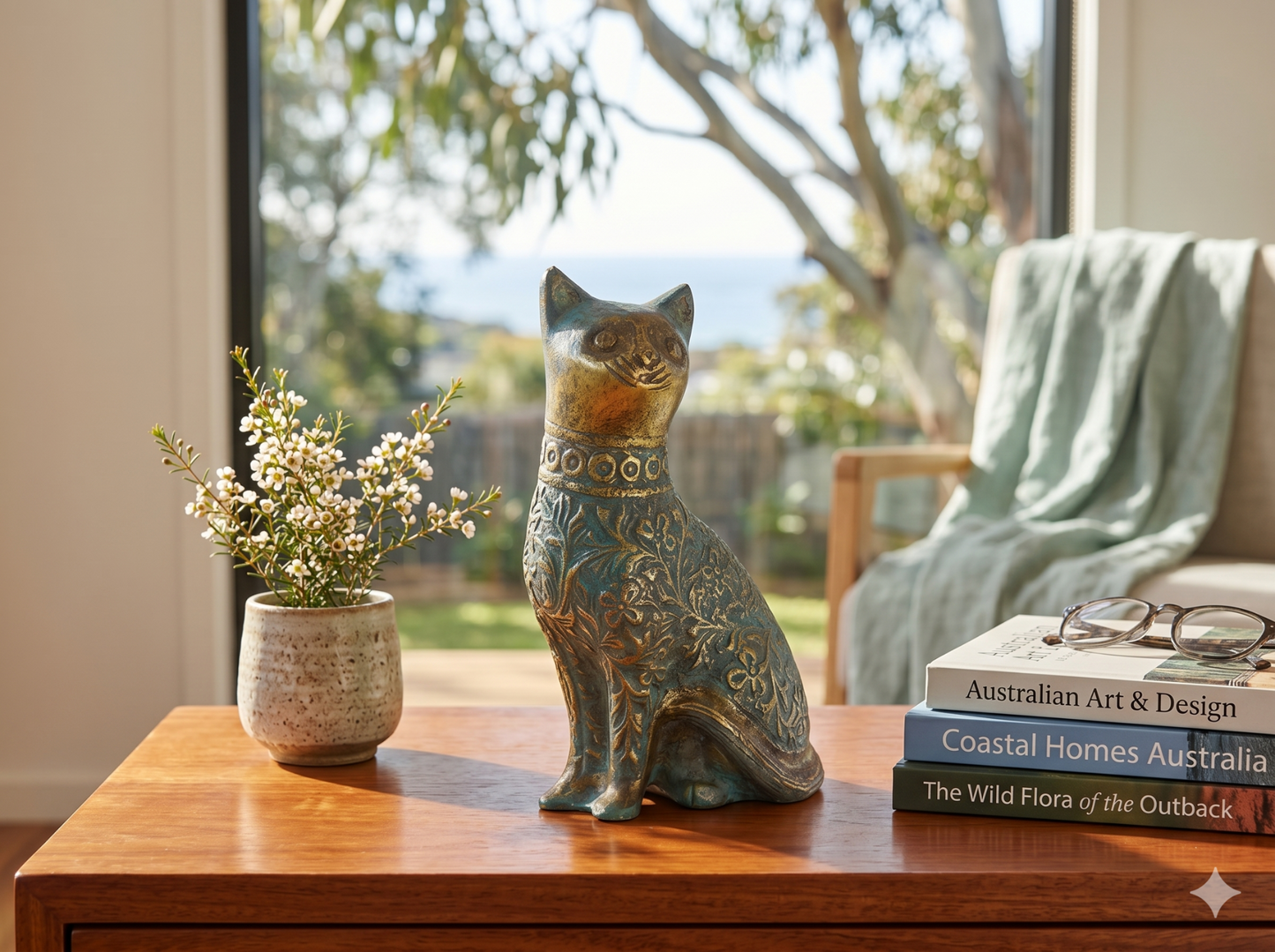 Decorative Cat Sculpture, Traditional Carved Design, Antique Finish