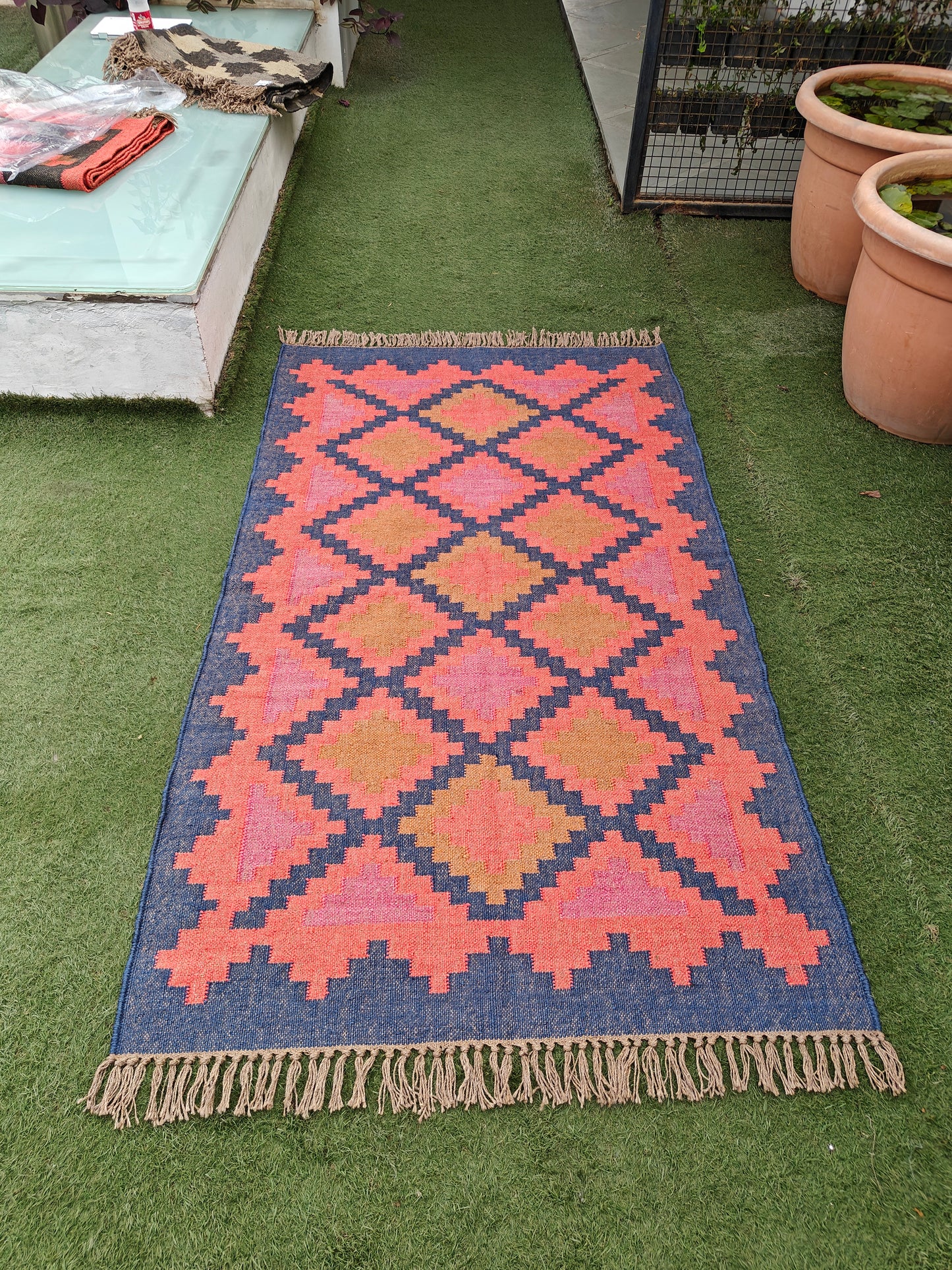 Handwoven Wool Kilim Rug (Duree/Duri), Geometric Pattern (Blue & Orange, Large)