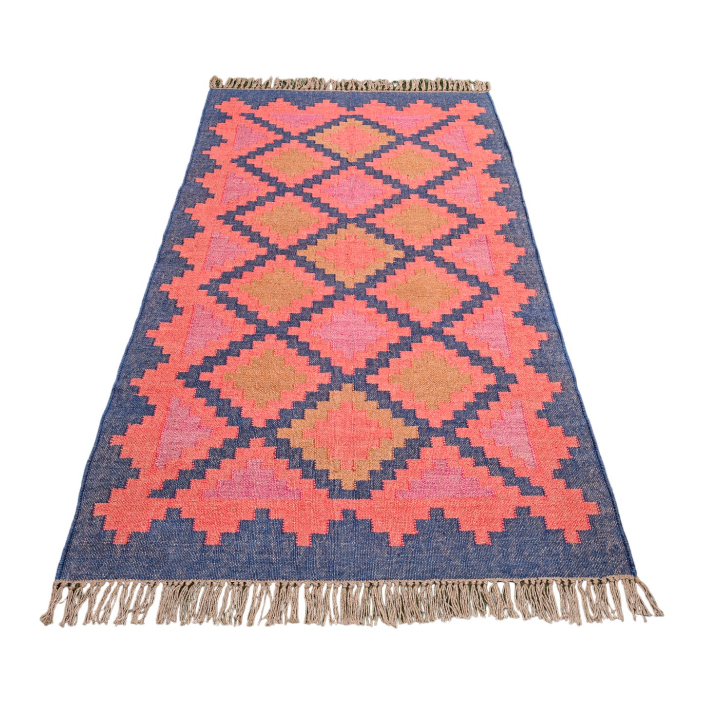Handwoven Wool Kilim Rug (Duree/Duri), Geometric Pattern (Blue & Orange, Large)
