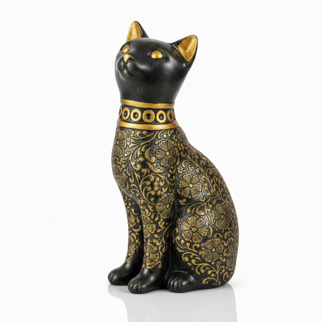 Decorative Cat Sculpture, Traditional Carved Design, Antique Finish