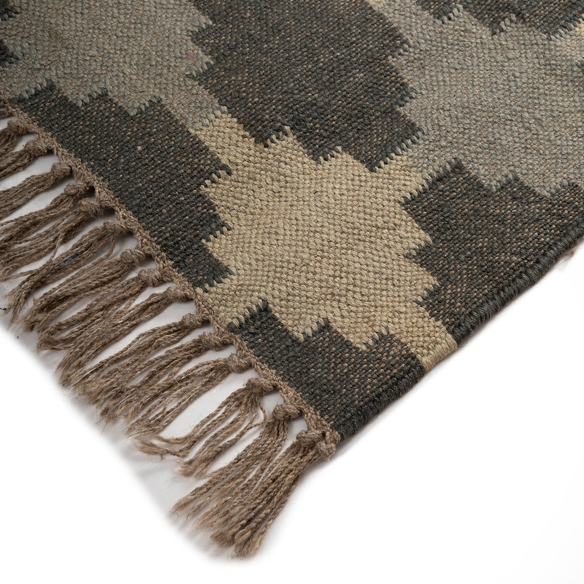 Handwoven Wool Kilim Rug (Duree/Duri), Geometric Pattern (Black & Grey, Small)
