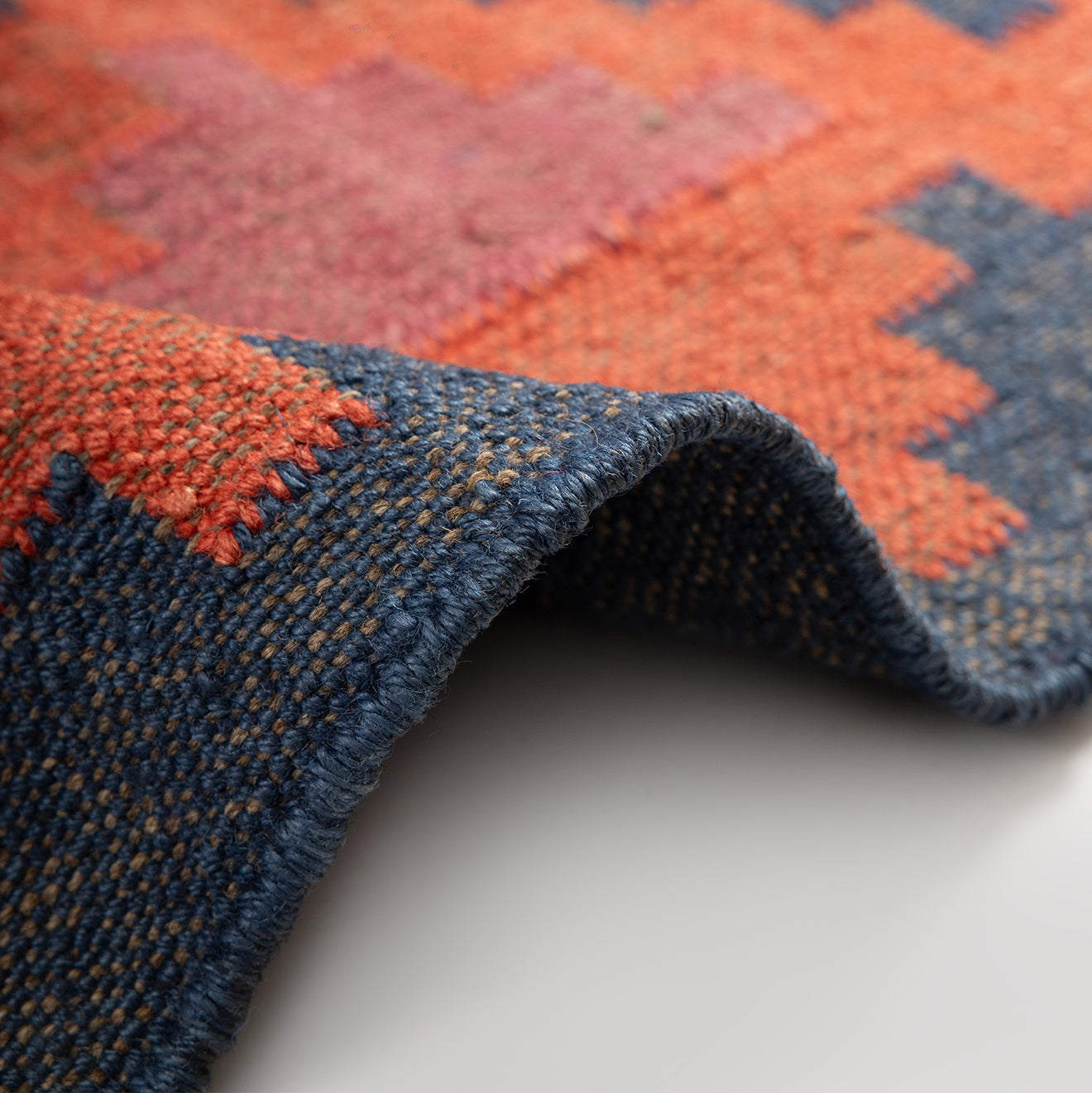 Handwoven Wool Kilim Rug (Duree/Duri), Geometric Pattern (Blue & Orange, Large)