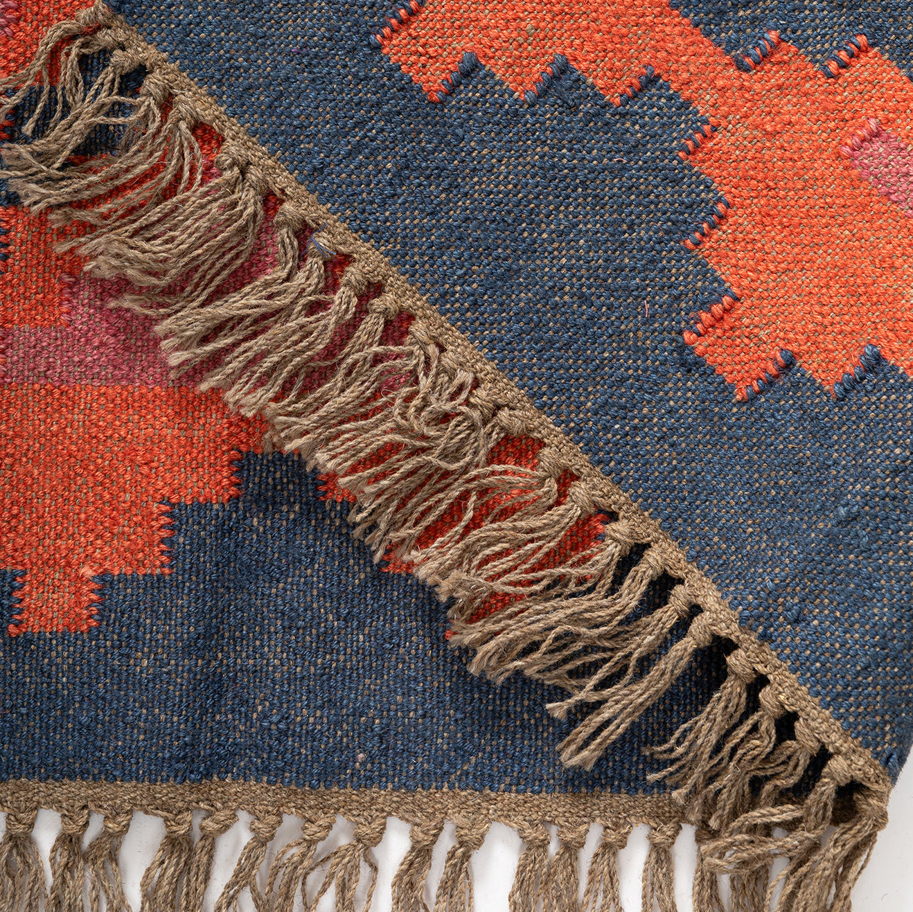 Handwoven Wool Kilim Rug (Duree/Duri), Geometric Pattern (Blue & Orange, Large)