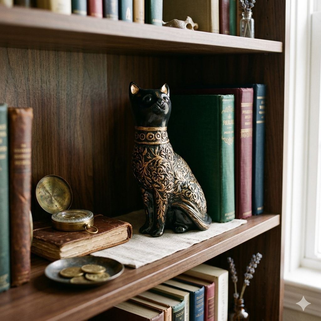 Decorative Cat Sculpture, Traditional Carved Design, Antique Finish