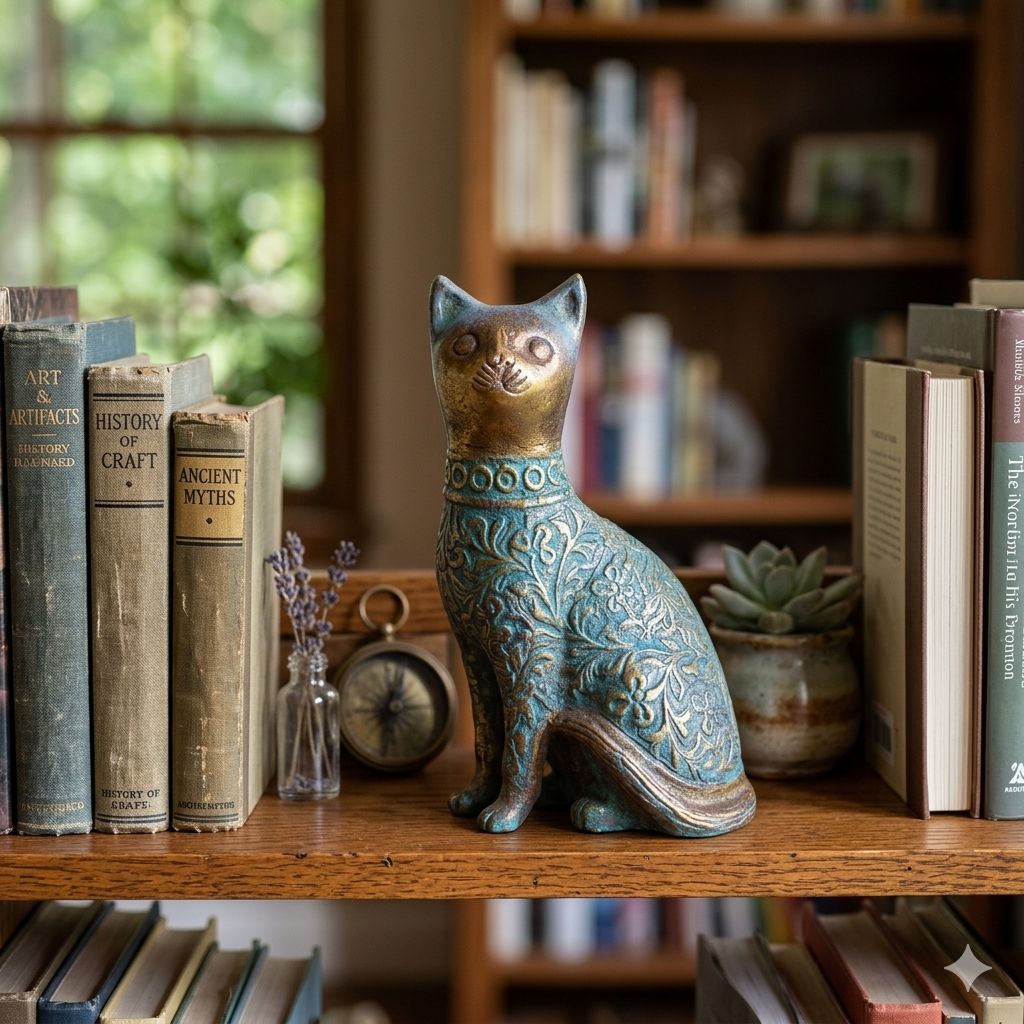 Decorative Cat Sculpture, Traditional Carved Design, Antique Finish