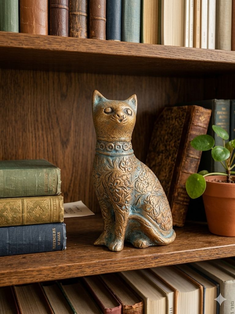 Decorative Cat Sculpture, Traditional Carved Design, Antique Finish