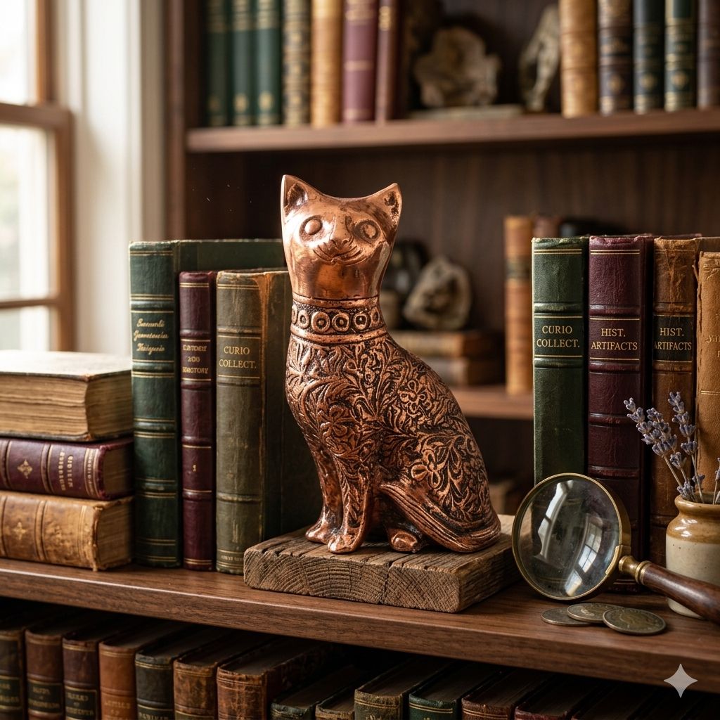 Decorative Cat Sculpture, Traditional Carved Design, Antique Finish