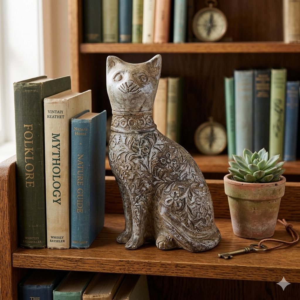 Decorative Cat Sculpture, Traditional Carved Design, Antique Finish