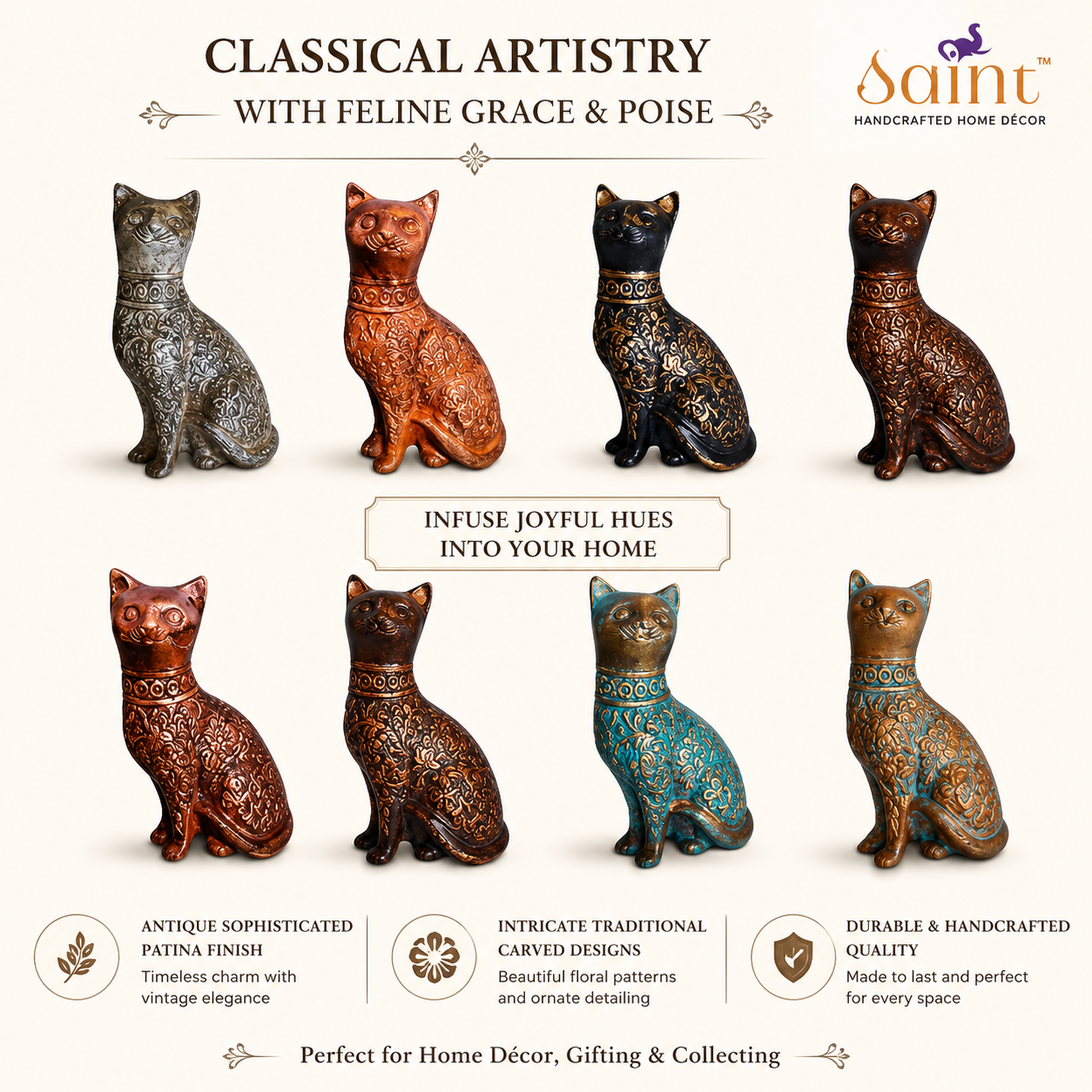 Decorative Cat Sculpture, Traditional Carved Design, Antique Finish