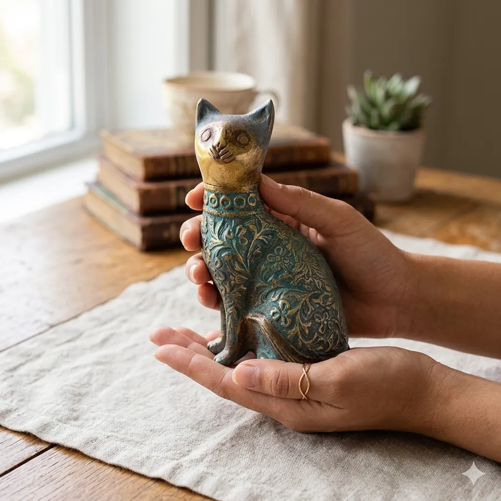 Decorative Cat Sculpture, Traditional Carved Design, Antique Finish