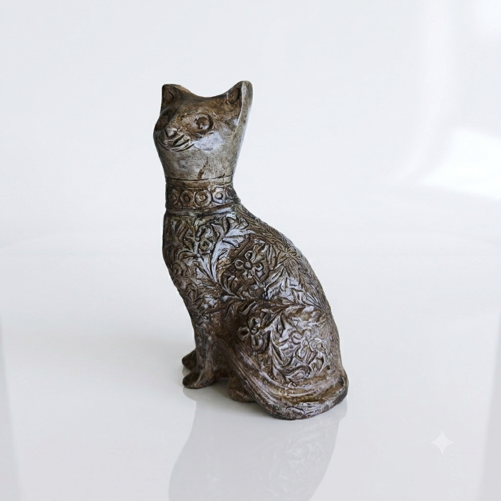 Decorative Cat Sculpture, Traditional Carved Design, Antique Finish